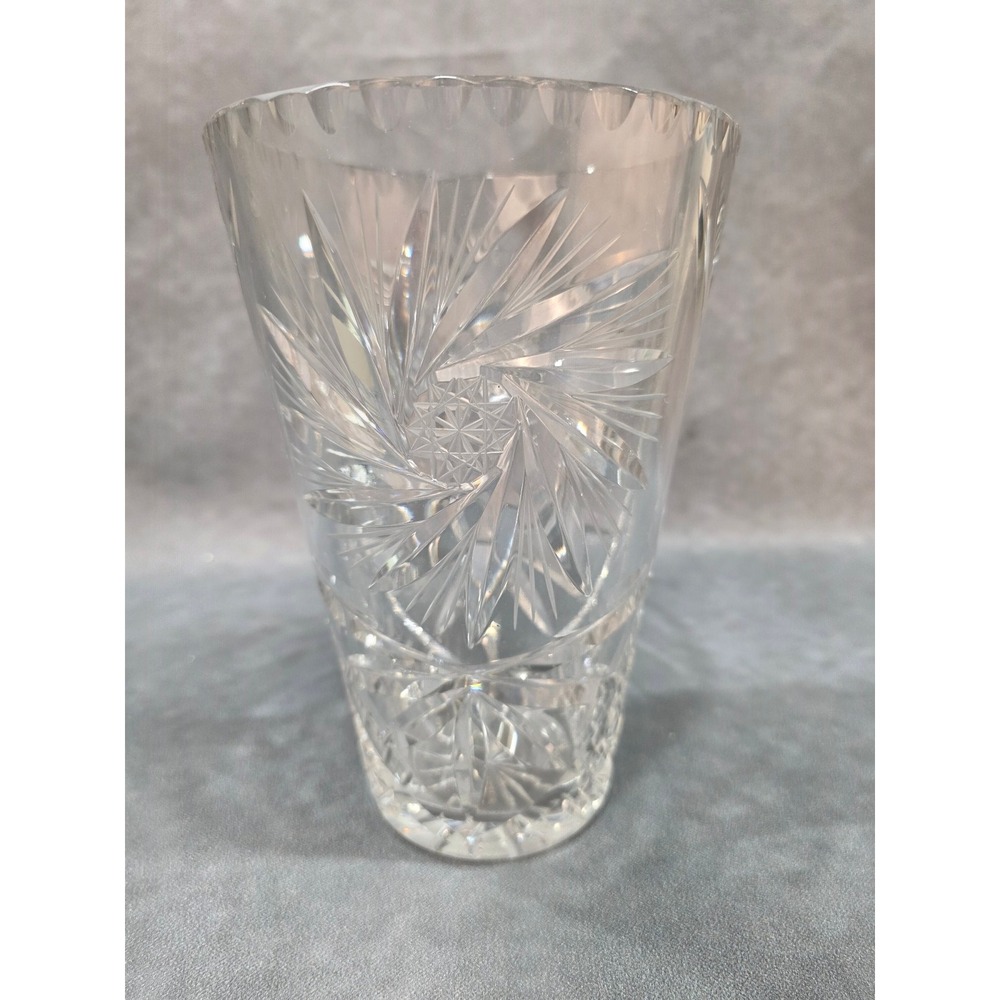 Vintage Cut Crystal Pinwheel Starburst Flared Vase Scalloped Rim 8 Inch